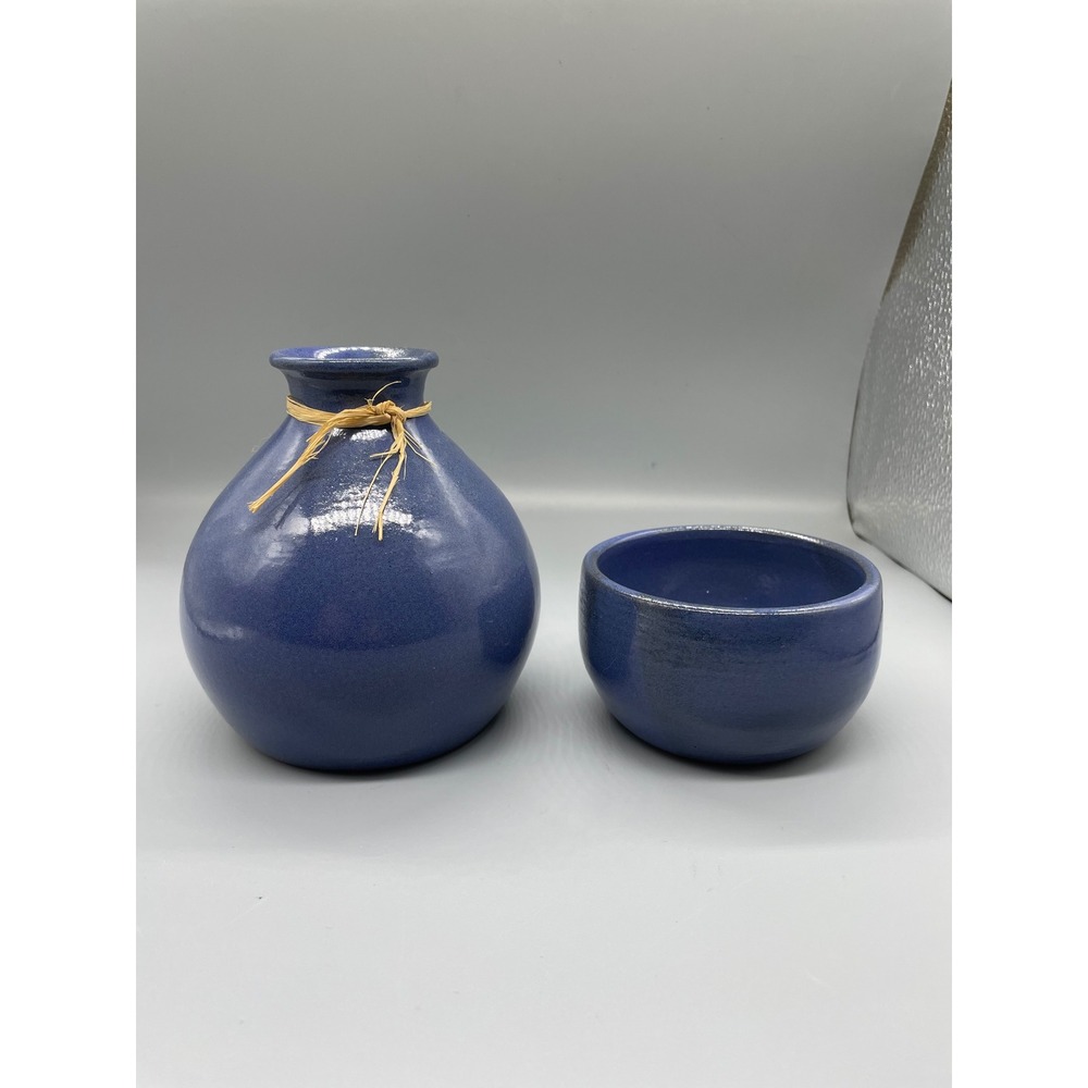Vintage Blue Pottary Vase and Bowl Set Rustic Farmhouse Decor some discoloration